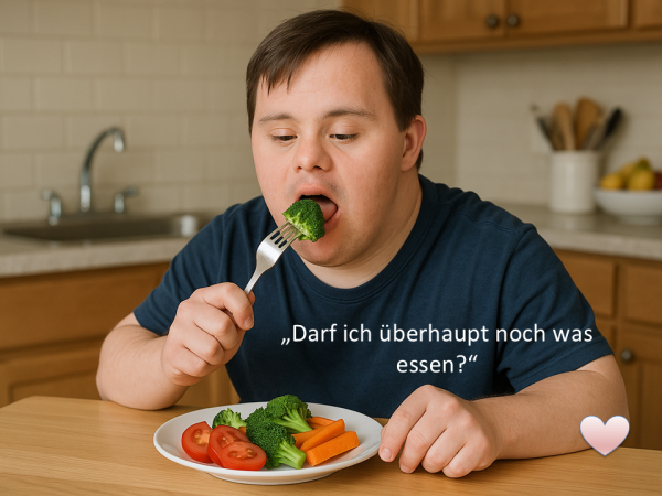Junger Erwachsener mit Down-Syndrom beim Essen, Fokus auf Ernährungssituation